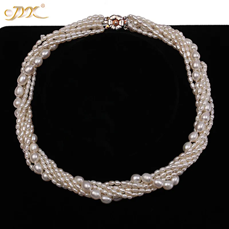 JYX Classic pearl necklace multi strands 2-8mm natural white freshwater pearl charming pearl choker 16" women