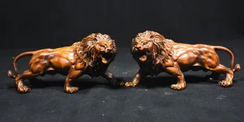 

christmas 6" Chinese Folk Feng Shui Boxwood Wood Carved Lion Pair Adorn Statue Sculpture halloween