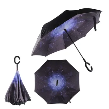 

Windproof Reverse Folding Double Layer Inverted Umbrella Self Stand Inside Out Rain Protection C-Hook Hands for Women Children