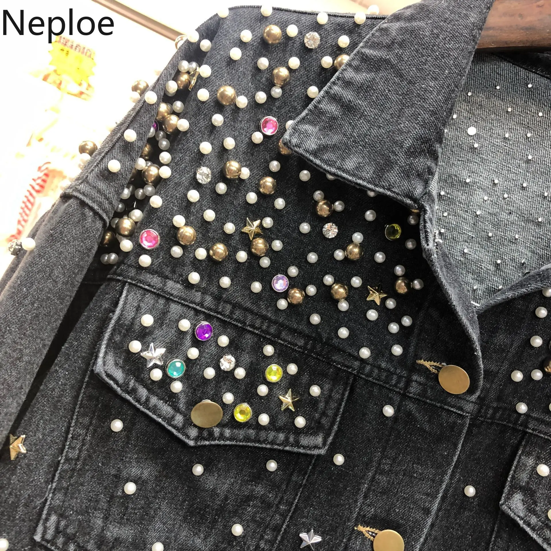 Neploe/модные уличные джинсовые шорты, женские куртки с заклепками и бриллиантами, Подиумные пальто, женская Корейская Весенняя укороченная куртка года, 90104