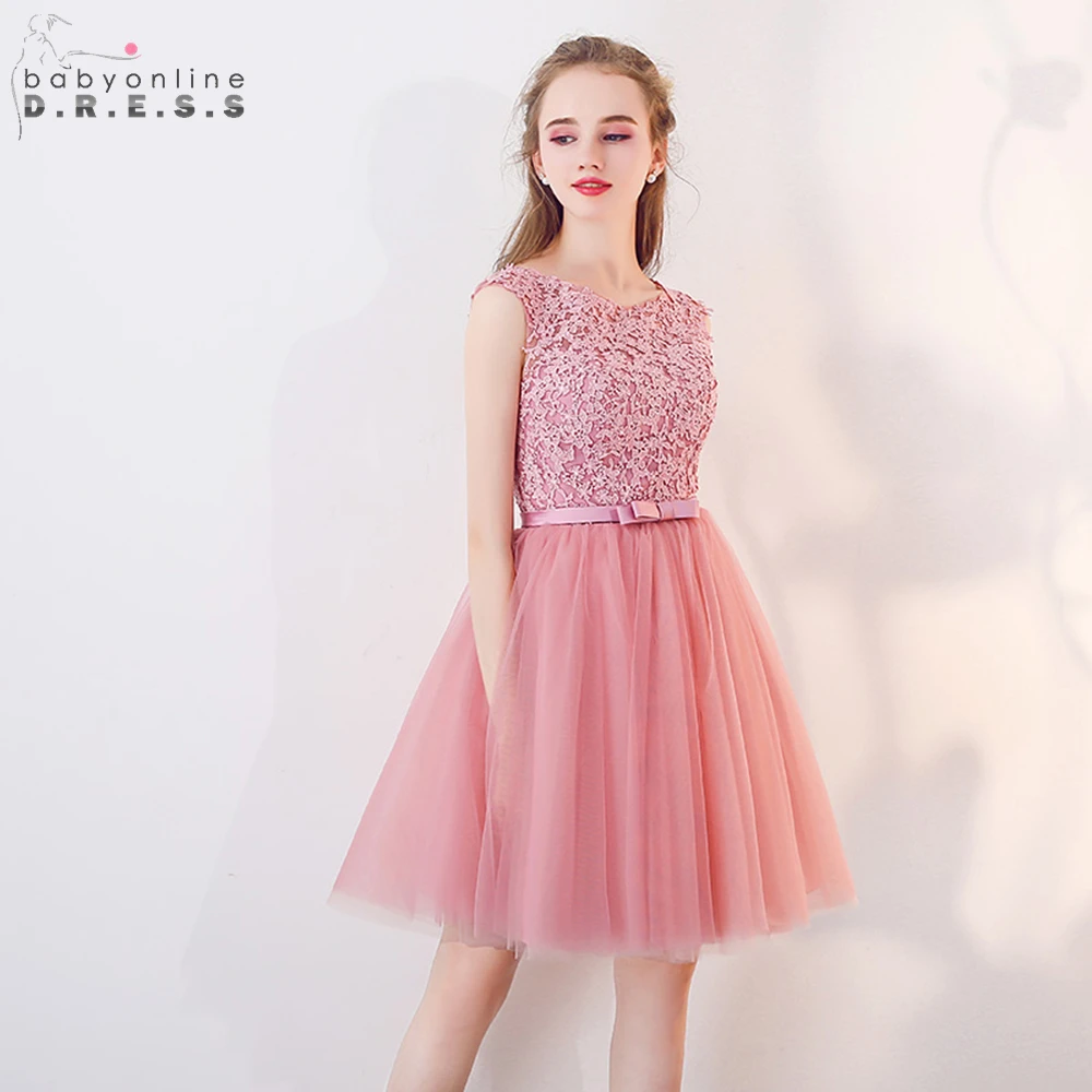 

Babyonline Dusty Rose Short Prom Dresses 2019 Lace Appliques Party Evening Gowns vestidos de fiesta Lace Up Back