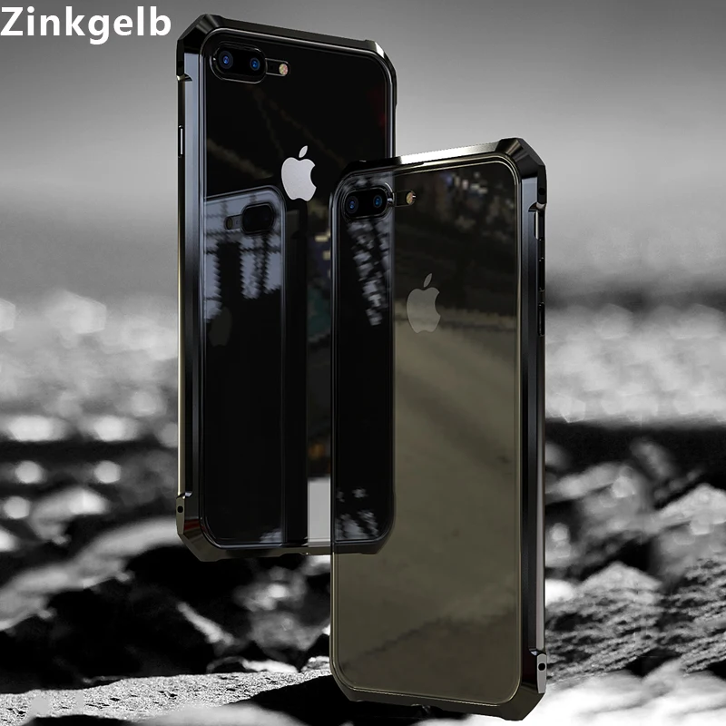 

For iPhone 7 Case Cover Luxury Hard Magnetic Metal Transparent Tempered Glass Protect Phone Case for iPhone 7 8 Plus Back Cover