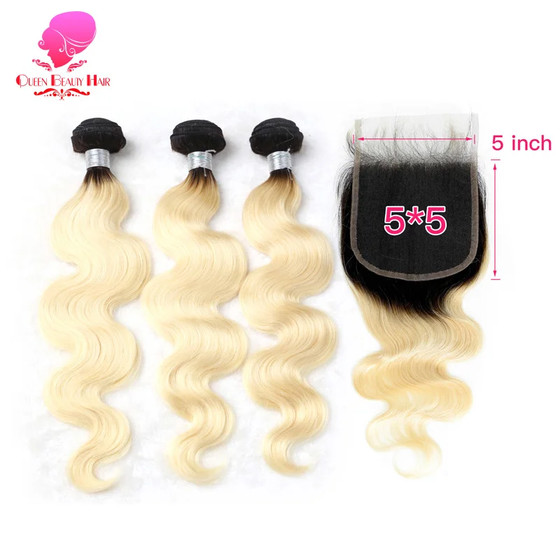 

QUEEN 1B 613 Blonde Ombre Color 5x5 Free/Middle Part Lace Closure with 2/3/4 Bundles Brazilian Body Wave Remy Human Hair Weave