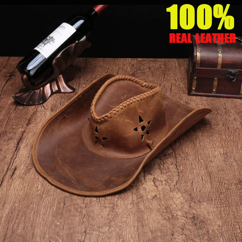 High Genuine Leather Cowboy Hats Men American Hat Casual Retro