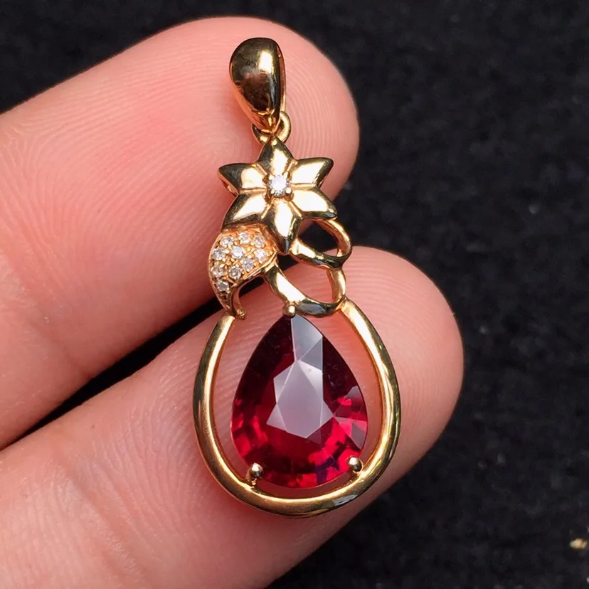 Fine Jewelry Collection Real 18K Rose Gold 100 Natural Rubi Tourmaline Gemstone Diamond Pendant