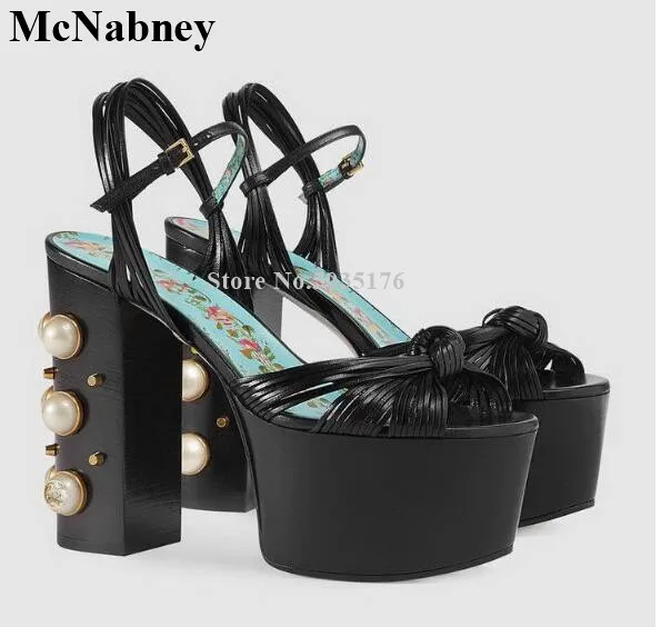 

Explosion Printing Beading Pearl Summer Ladies Shoes Peep Toe High Hoof Heel Sandals Ankle Buckle Strap European Women Shoes