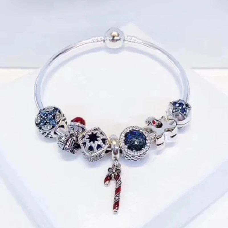 

100% 925 Sterling Silver Winter Christmas Bracelet Set Star Moon Cookies People Charm Women Charming Gift Original Jewelry