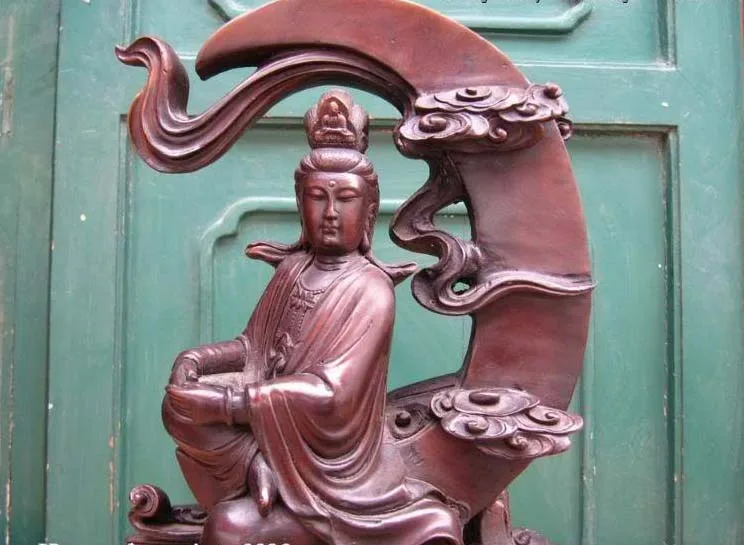 

16"China 100% Pure Bronze lotus flower fastdom Kwan-Yin Guan Yin Buddha on Moon