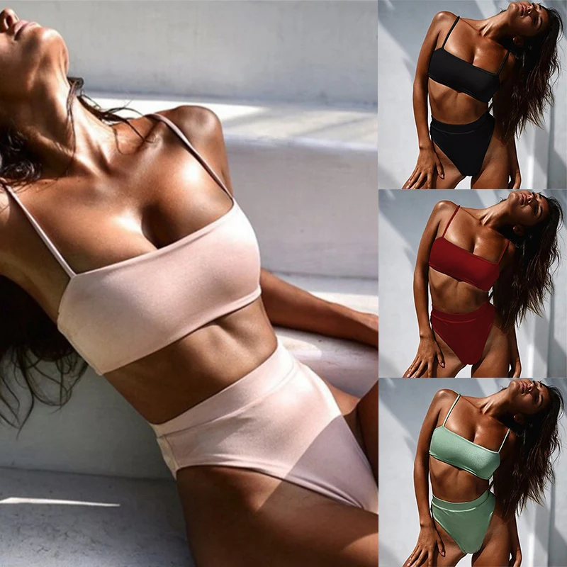 

2019 Solid High Waist Swim Set Sexy Two-piece Separate High Leg Swimming Suit Nylon Hot Swimwear Y908