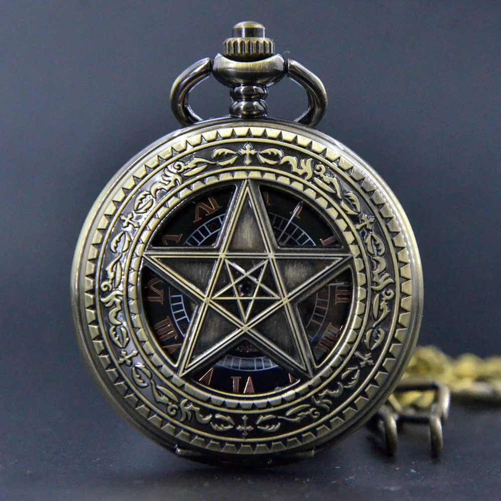 

New Fashion Bronze Pentagram Pointed Star Roman Numerals Mechanical Hand Wind Skeleton Pocket Watch Men Women Watch Chain Gift