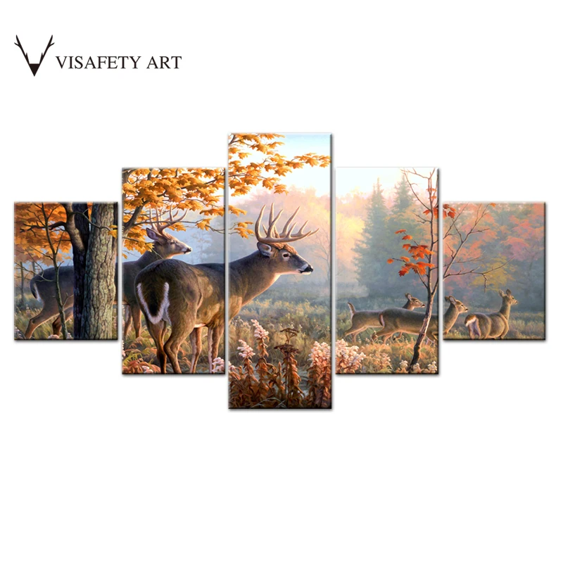 Deer Canvas Print Painting Yellow Maple Leaf with Animal Picture Late Autumn Natural Landscape Artwork for Home Wall Decor 5 Pcs | Дом и сад