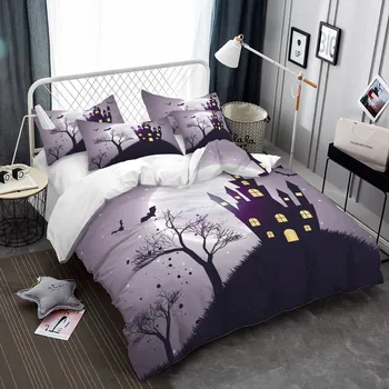 

Halloween Night Bedding Set 3D Cartoon Castle Printed Duvet Cover Set Moon Night Natural Scenery Bedding Halloween Bedclothes