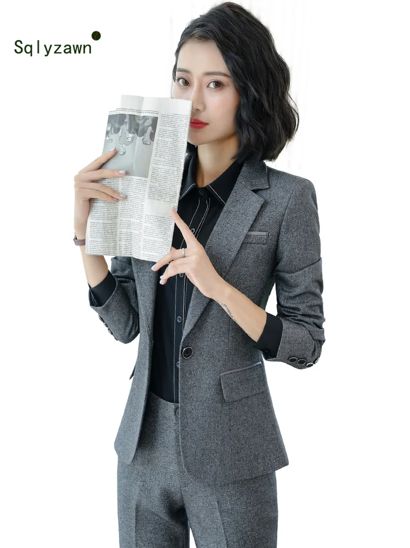 Женские деловые униформы, костюмы с одной пряжкой, Женская Офисная форма, Женский официальный брючный костюм, серый пиджак, костюмы из 3 предметов