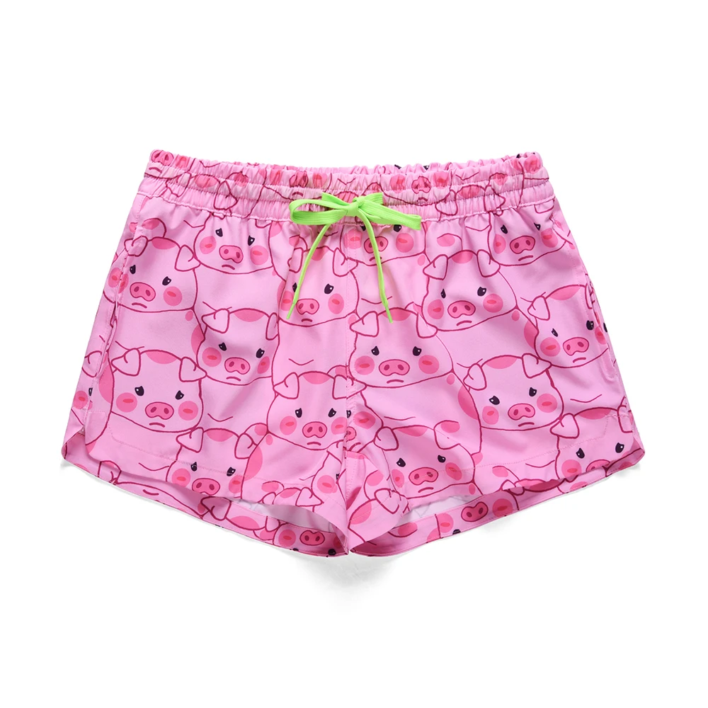 

Women Summer Shorts Casual Drawstring Waistband Pink pig Print Beach Style Swim Pool with Pocket Loose Female Shorts