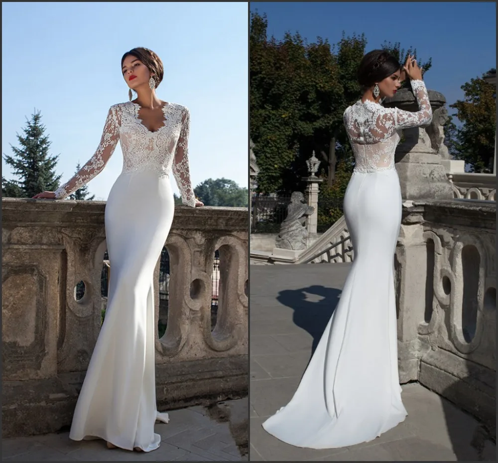 

New Sexy Long Sleeve Sheer Lace Mermaid Wedding Dresses Satin Weddings Events Vestidos De Novia Bridal Gown Custom ZY3002