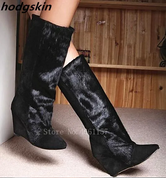 

Newest Plush Fur Winter Warm Patchwork Horse Hair Suede Knee Boots Point Toe Slip On Hidden Wedge Women Boots Botas Mujer
