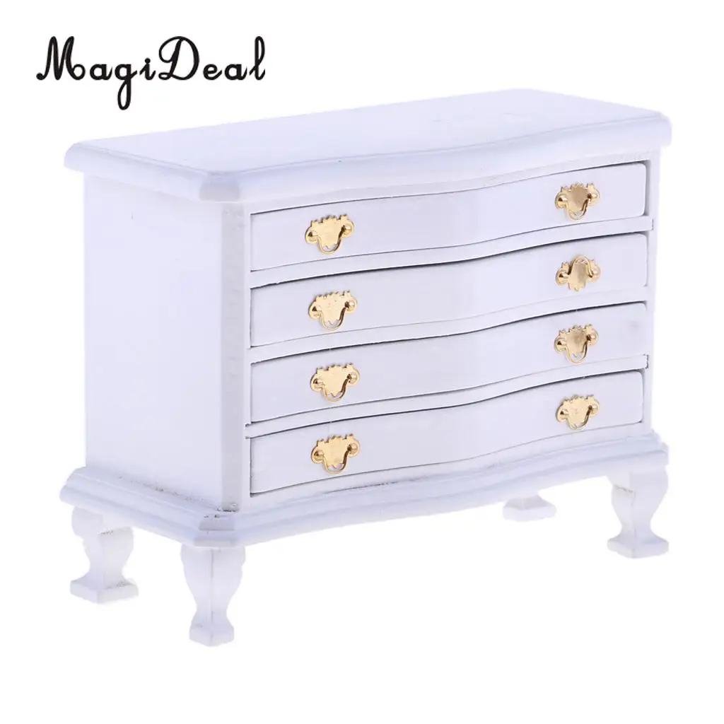 1/12 Scale Dollhouse Miniature Furniture White Dresser 4-Drawer Cabinet Room Life Scenes Decoration Accessories White
