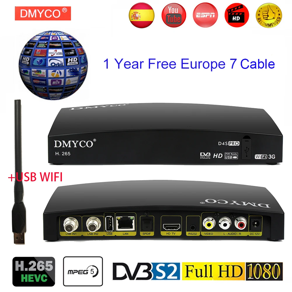 1 год 7 кабель испанский сервер H.265 спутниковый ресивер D4S Pro Поддержка DVB-S2 1080P Full HD Powervu Bisskey LNB Европа ТВ Декодер