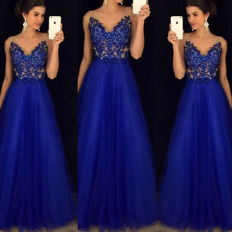 

Women's Mesh Maxi Formal Wedding Evening Ball Gown Party Dress Sexy V Neck Sequined Blue Dresses