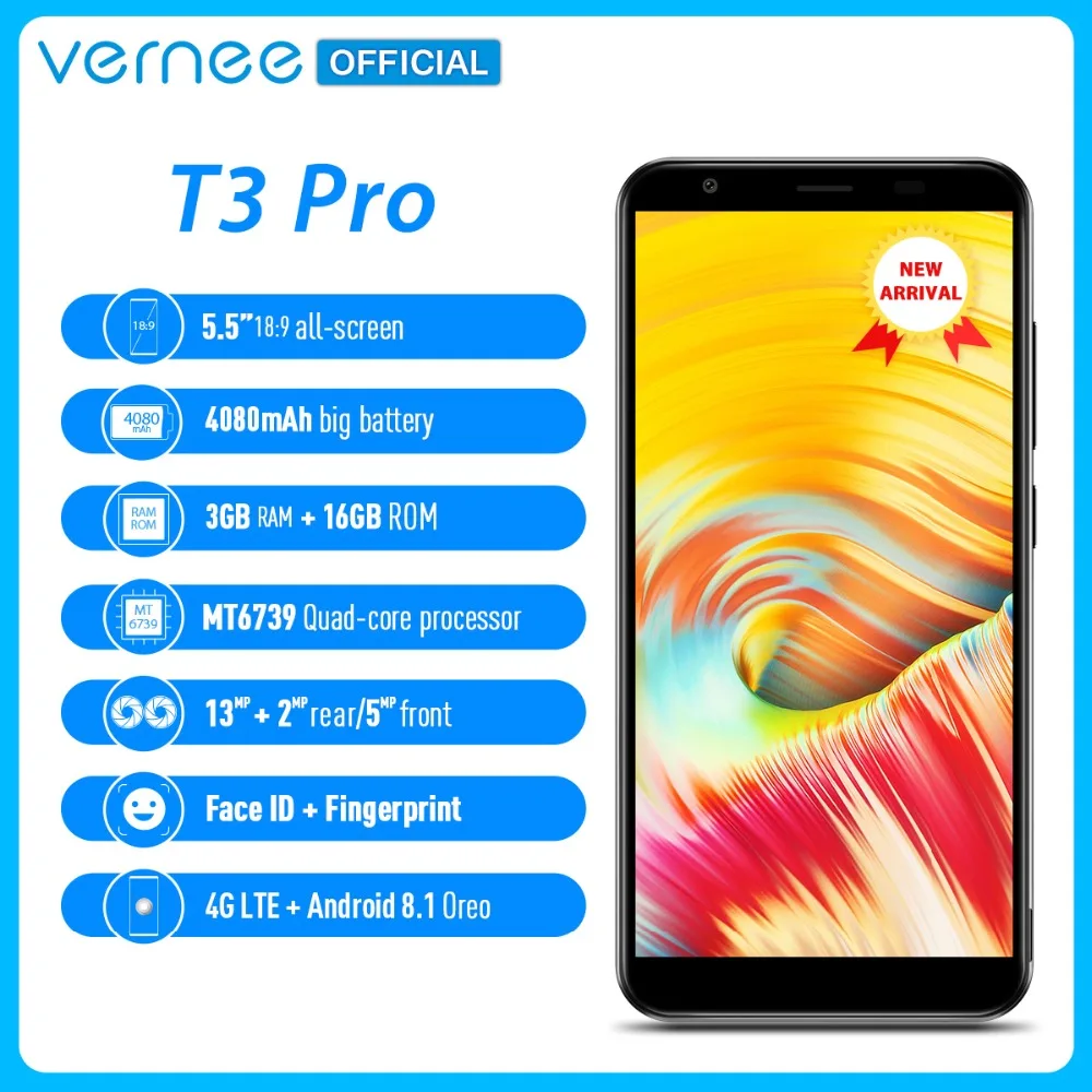 Vernee T3 Pro 5.5'' Full Screen Smartphone 3GB RAM 16GB ROM Mobile Phone Android 8.1 MTK6739 Quad-core 4080mAh 4G LTE Cellphone