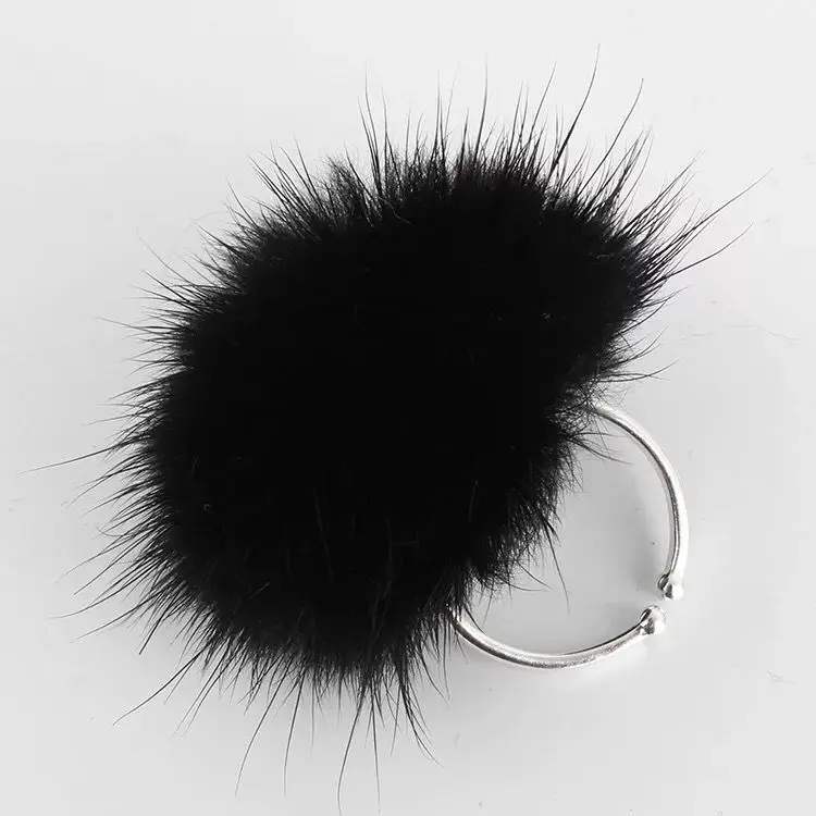 

Fashion Soft Fluffy Fur Ball Pompom Adjustable 925 sterling silver Rings Women Girl Fashion Elegant Rings Jewelry