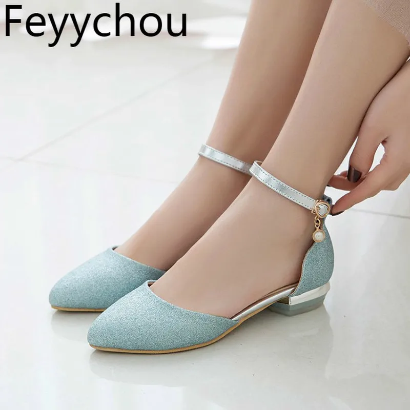 

Women's Pumps Low Heels Spring Autumn Pointed Toe Pearl Buckle Thick Heel 2019 New Sexy Fashion Casual Party Pink Big Size 34-43