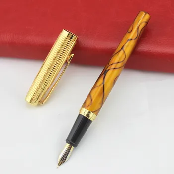 

Writing Stationery Promotion DIKA WEN Luxury yellow and Gold 1.0mm Extra Fine Nib Fountain Pen Metal Steel Ink Pens for Gift