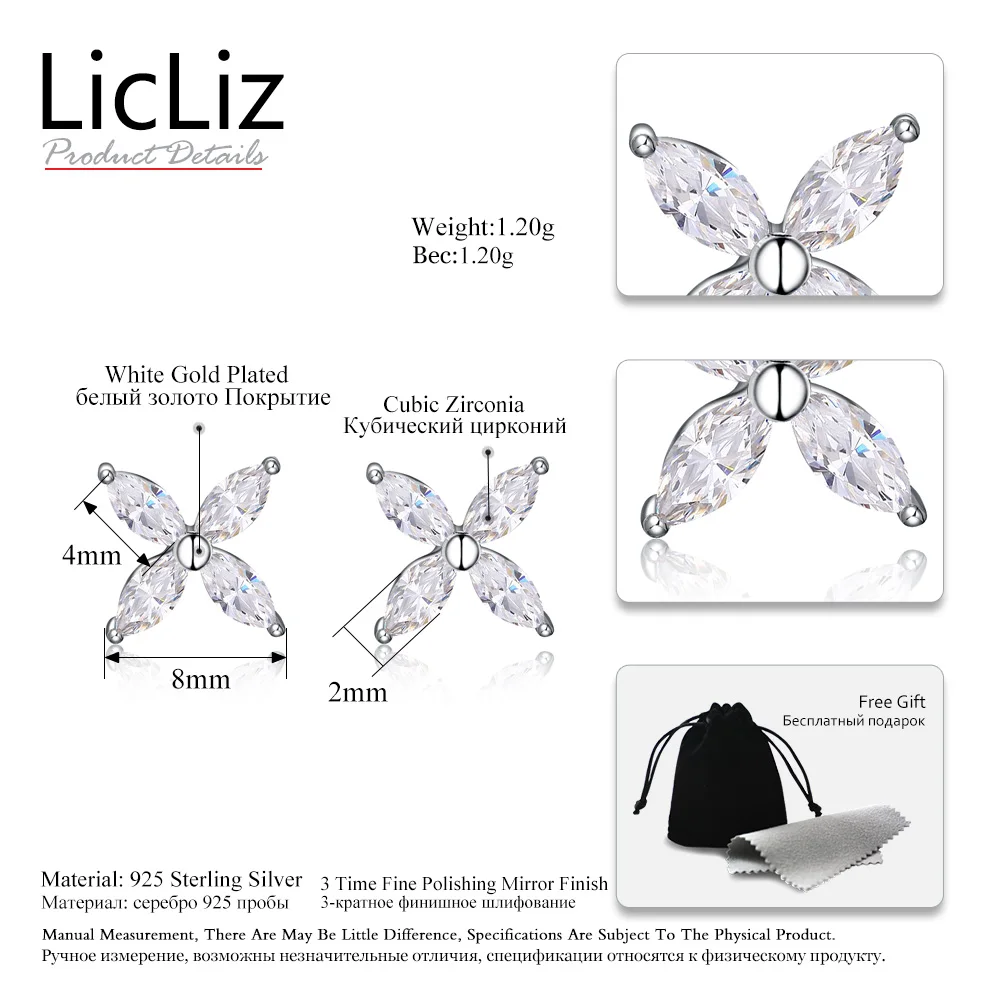 LicLiz 925 пробы серебряные серьги гвоздики с цветком женские четырьмя лепестками и