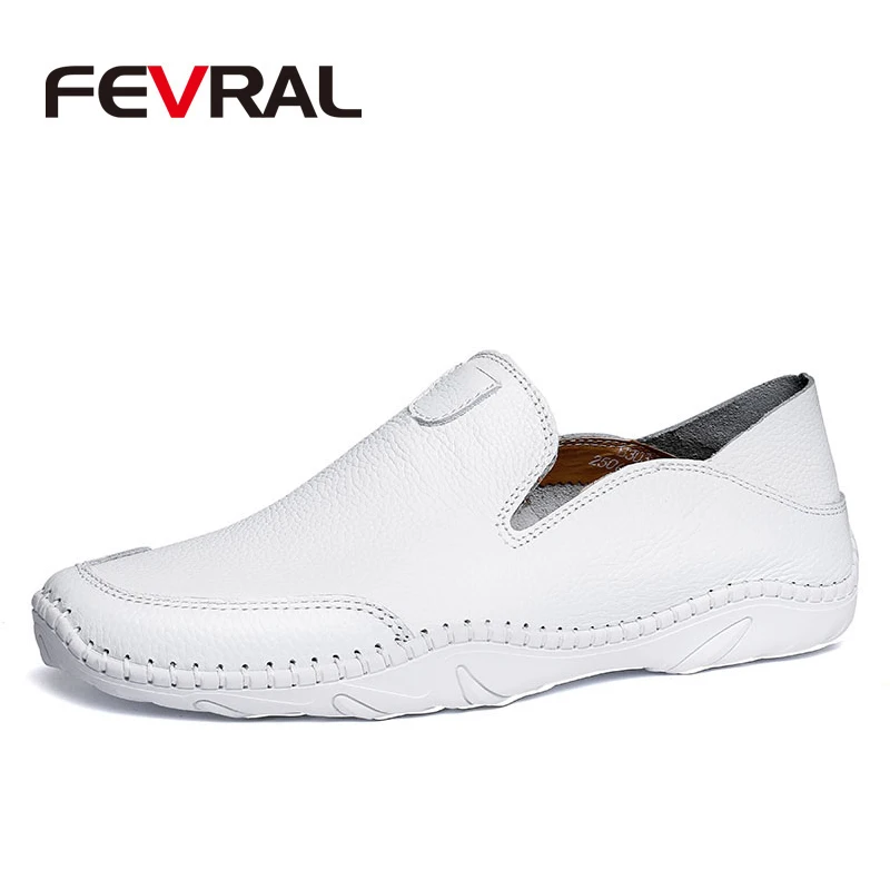 

FEVRAL Men Genuine Leather Shoes High Quality Band Fashion Design Solid Comfortable Men Loafers Casual Breathable Flat Moccasins