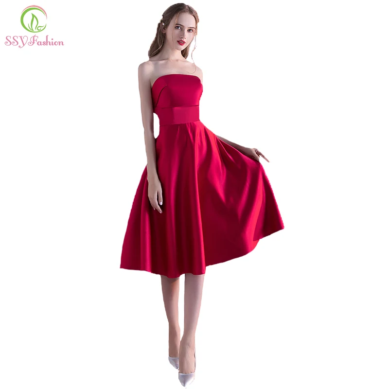SSYFashion 2017 New Simple Satin Wine Red Strapless Cocktail Dress Sexy