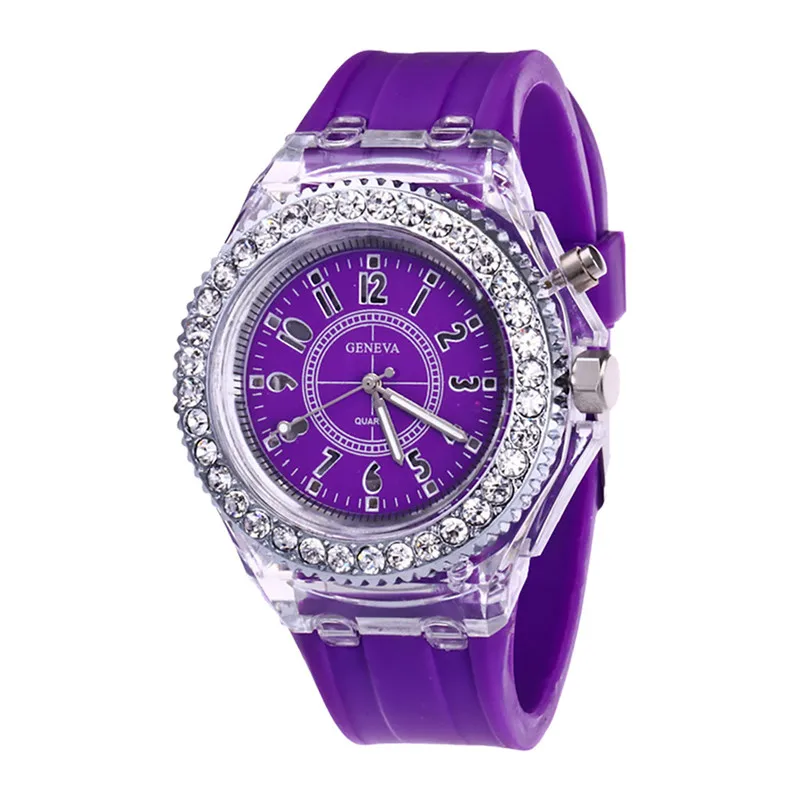 Лучшие модные прозрачные нейтральные Кварцевые Светящиеся женские часы высокого качества роскошные стразы женские часы Clcok Reloj Mujer# B - Цвет: Фиолетовый