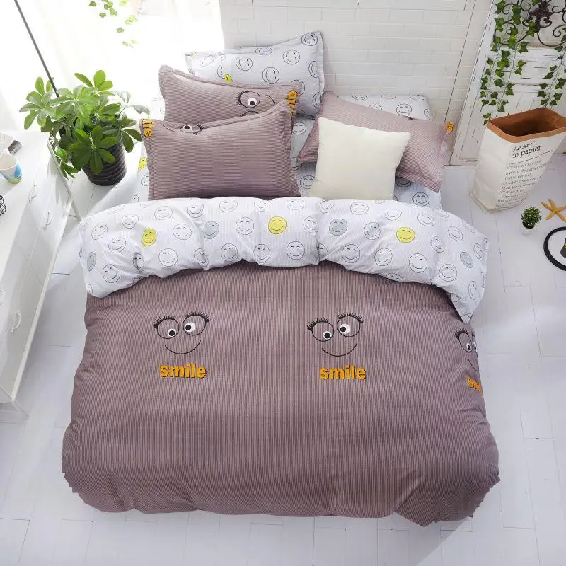 

3/4pcs Kid Teen Boys Bedding Set Smile Face Brown Stripe Duvet Cover Pillowcase Flat Sheet Adult Linen Bedclothes