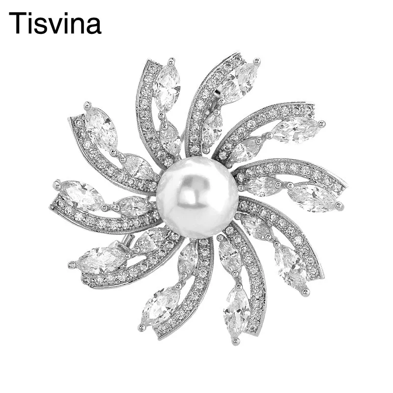 

Tisvina 2018 New arrival Flower Brooches for women With Pearl and zircon Micro pave Not glue Silver color pin Brooch jewelry