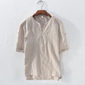 

2018 New arrival short sleeve striped cotton linen shirt men brand collareless casual men shirts summer loose camisa masculina