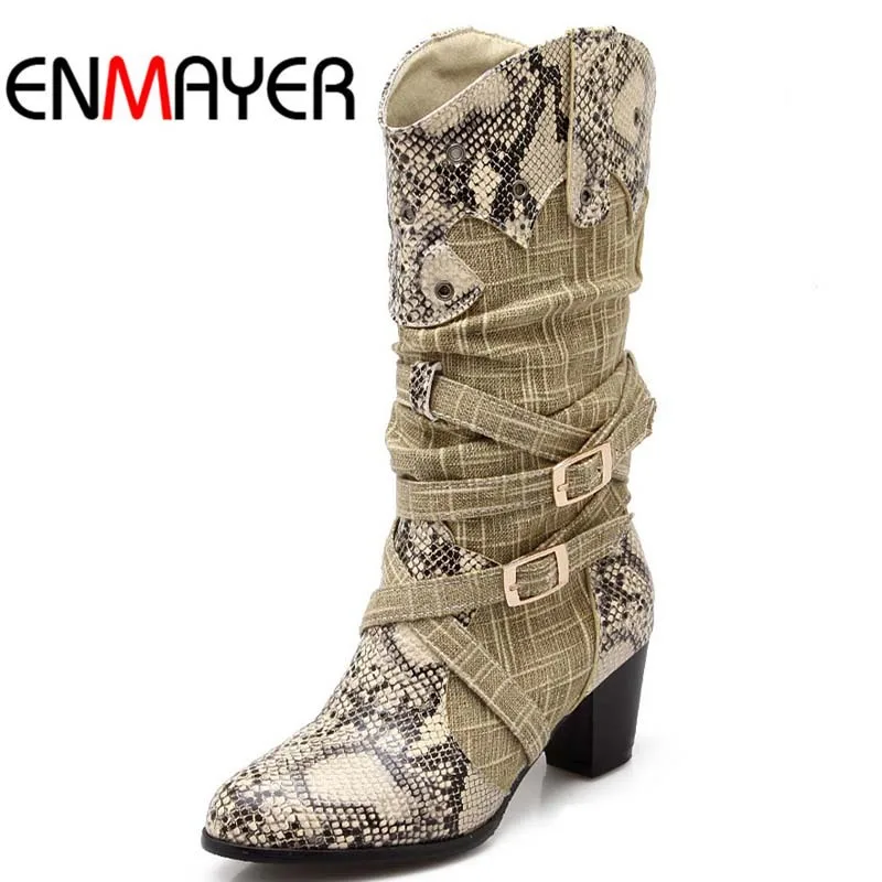 

ENMAYER new fashion boots for women round toe Snakeskin platform boots round toe winter boots Genuine Leather motorcycle boots