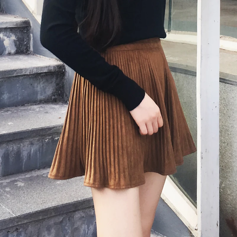 

2018 Real Solid Above Knee, Mini Casual Lycra Cotton New Spring Sued Pleated Sexy Elastic Waist Skirt Female Length Skirts