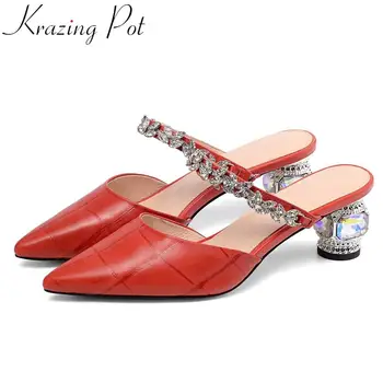 

Krazing Pot plus size genuine leather high heels women pumps crystals decoration slip on mules pointed toe wedding shoes L1f9
