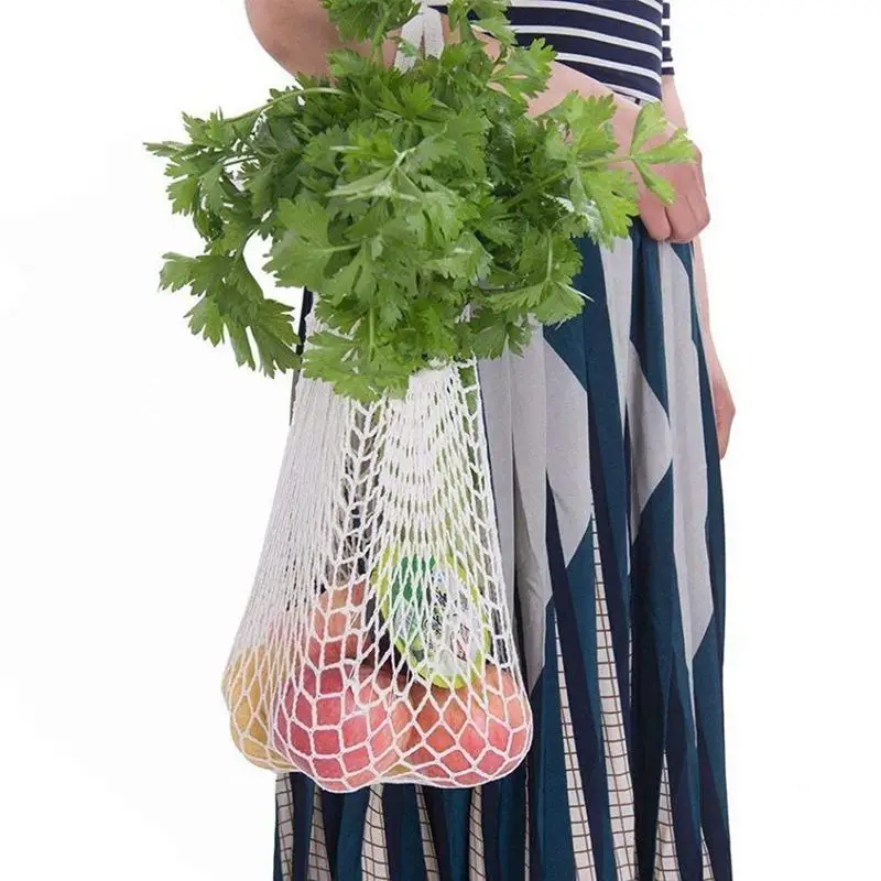 TFTP-2Pcs Portable Reusable Mesh Cotton Net String Bag Organizer Shopping Tote Handbag Fruit Storage Shopper NEW(black,beige
