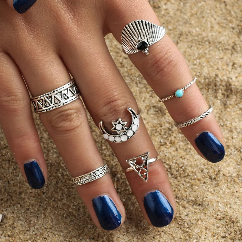 

Crown Flower Elephant Ring Sets For Women Men Vintage Silver Big Opal Stone Midi Rings Boho Jewelry
