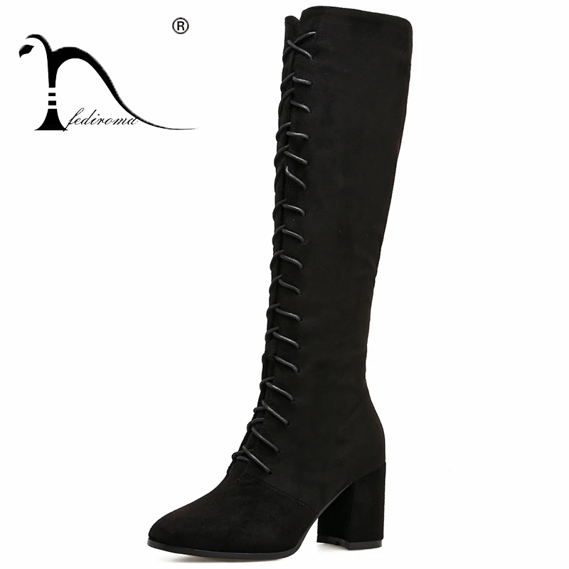 

FEDIROMA Winter Knee High Boots Lace Up Motorcycle Boots Pointed Toe Martin Boots Chunky Heel Ladies Boots