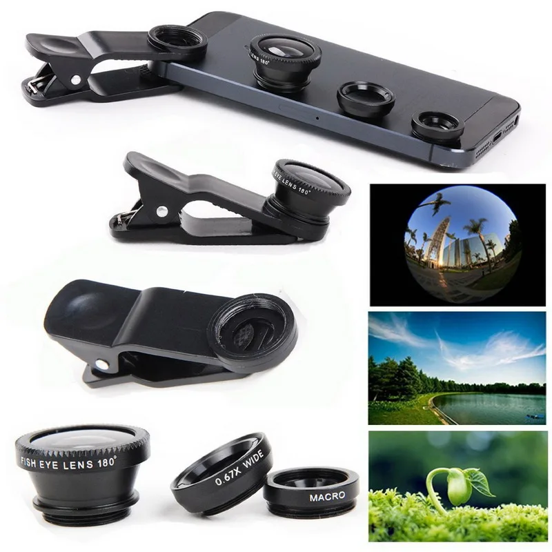 

500Pcs 3in1 Clip Universal Mobile Phone Camera Lens Wide Angle+Macro + Fisheye Fish Eye Lens For iPhone 6s 7 8 Plus Samsung DHL