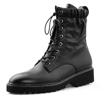 

BERZIMER FASHION LEATHER Women Ankle Boots Wide Feet Waterproof Combat Boots Winter Botas Mujer Shoes Woman Large Size 34-42