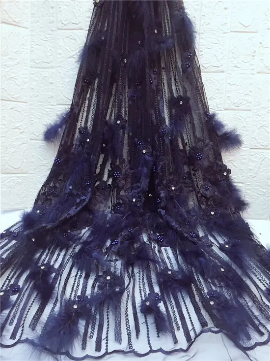 

Newest French net lace with feather high quality beaded embroidered lace fabric white for party dress