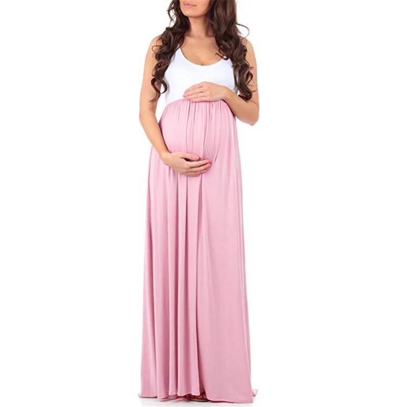 

Euro-American women's dress with solid color round collar and sleeveless stitching pendulum for pregnant women