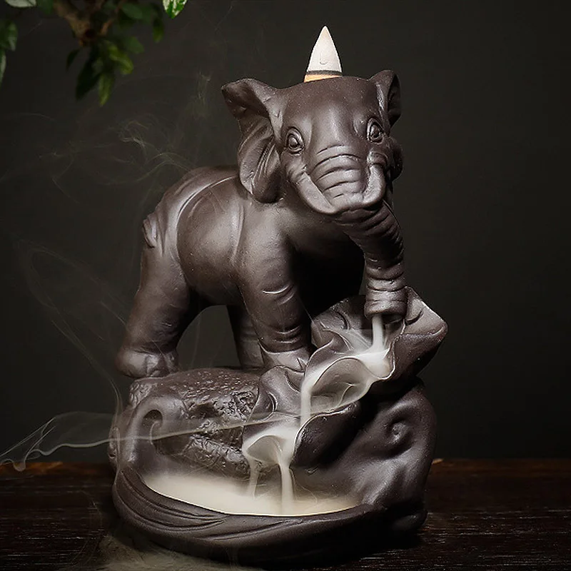 

13*10*16.5cm Ceramic Elephant Design Backflow Incense Burner Censer Ornament Waterfall Incense Holder for Home Decoration