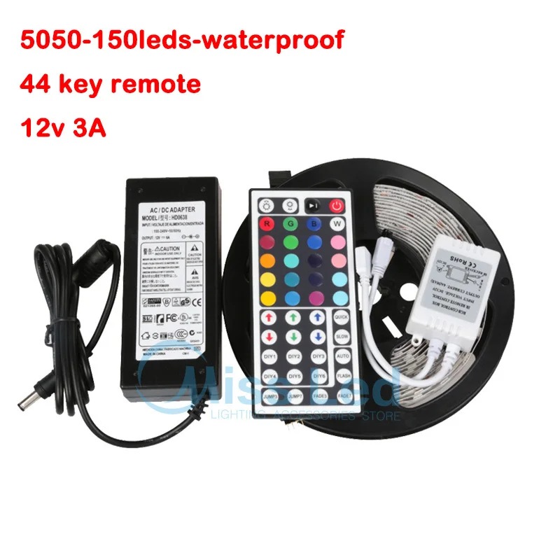 

5M SMD 5050 RGB 150Leds/Roll LED Strip Light 30 leds/m waterproof in silicon Flexible with 44 key IR Remote and 12v 3A Power
