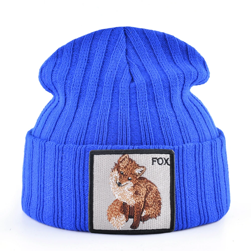 Fashion Skullies Beanies With Fox Embroidery Patch Winter Warm Knitted Hats Women Double Layer Knitting Bonnet Cap Men Solid Hat