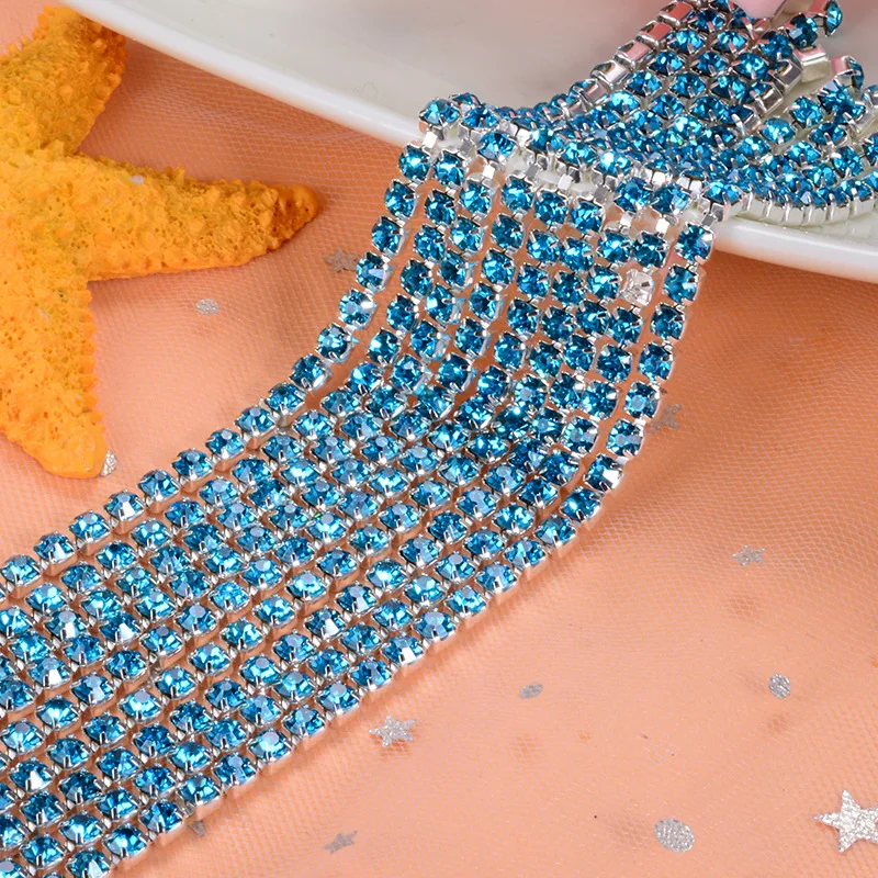 

5yard/piece Turquoise blue Glass Crystal sew on rhinestones Chain silvery bottom Diy Clothing accessories SIJISHUIZUAN