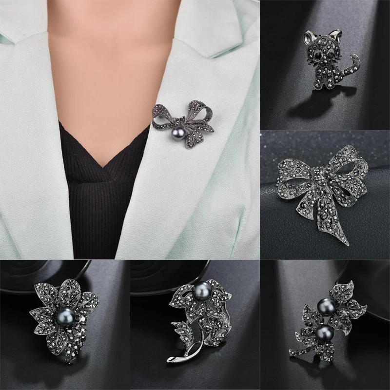 

Fashion Oil Drop Black Rhinestone Cat Flowers Bow-knot Brooches Pins Collar Pin Gift Clothing Accessories For Men Women