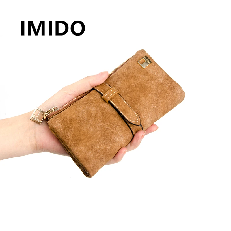 

IMIDO 2019 Spring Explosion Quality PU Long Two Fold Women Wallets Drawstring Nubuck Leather Zipper Suede Phone Clutch Bag